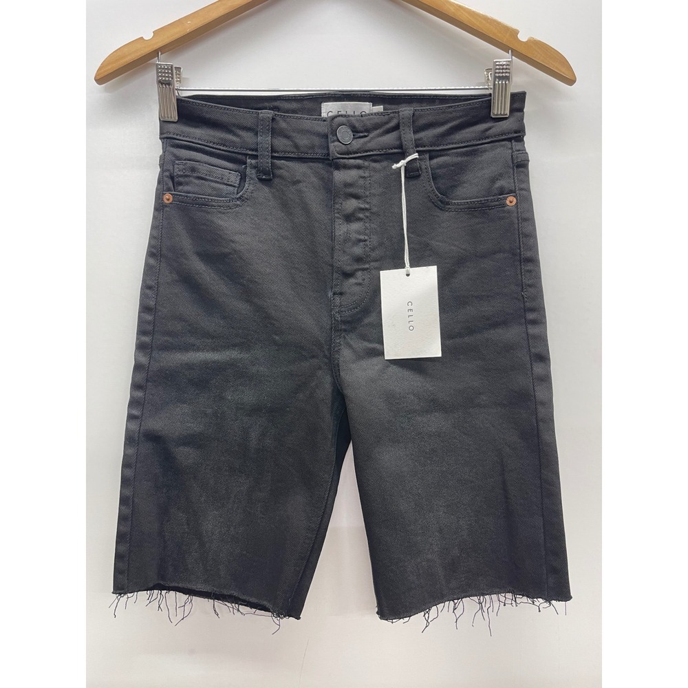 Cello High Rise Slim Bermuda Denim Shorts Washed Black Raw Hem Size S NWT
